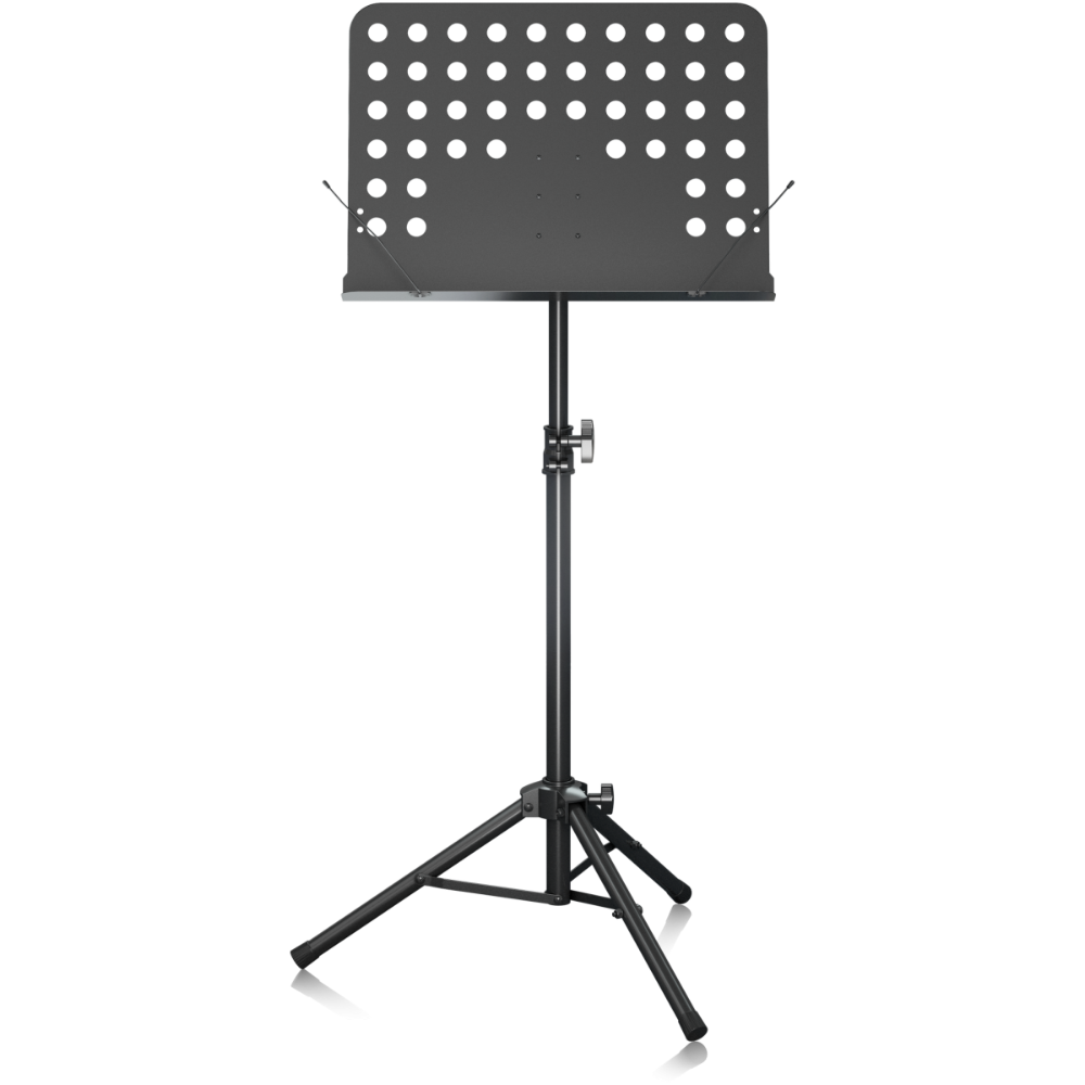 Black music stand with perforated sheet holder on a white background