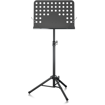 Black music stand with perforated sheet holder on a white background