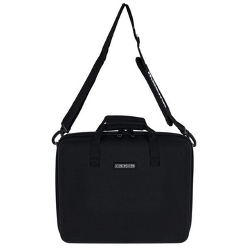 Black carrying case with a strap on a white background