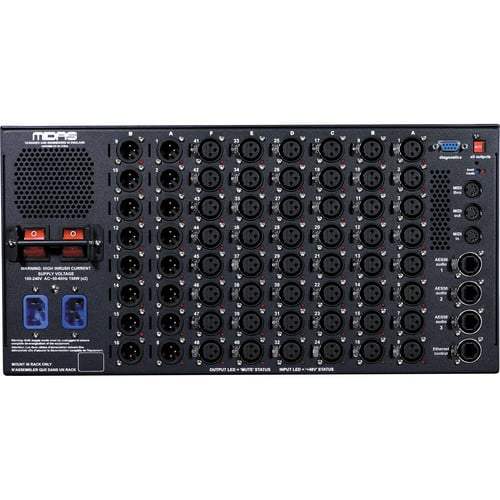 Black audio interface panel with various connectors and labels on a white background