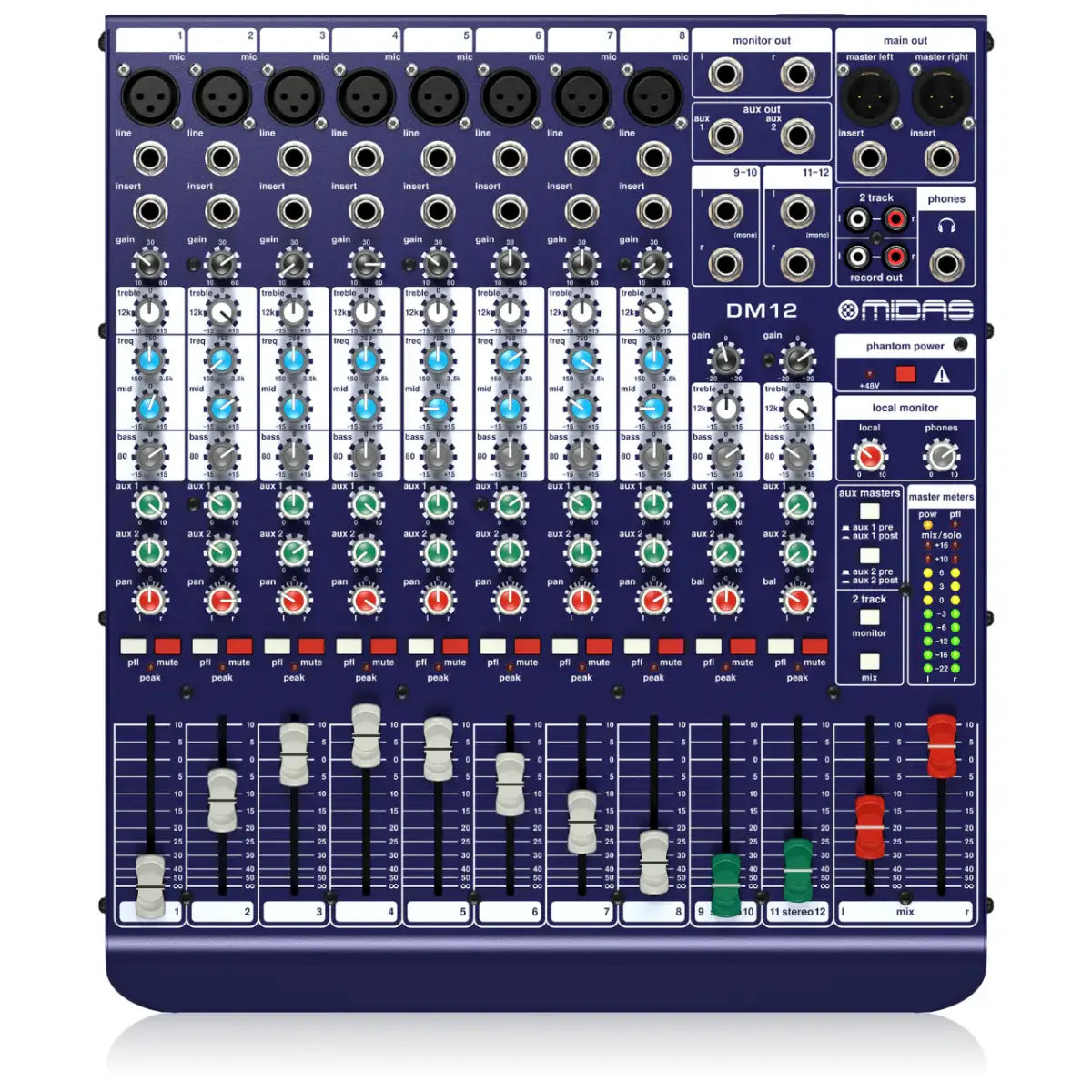 Sound mixing console with various knobs and buttons on a white background