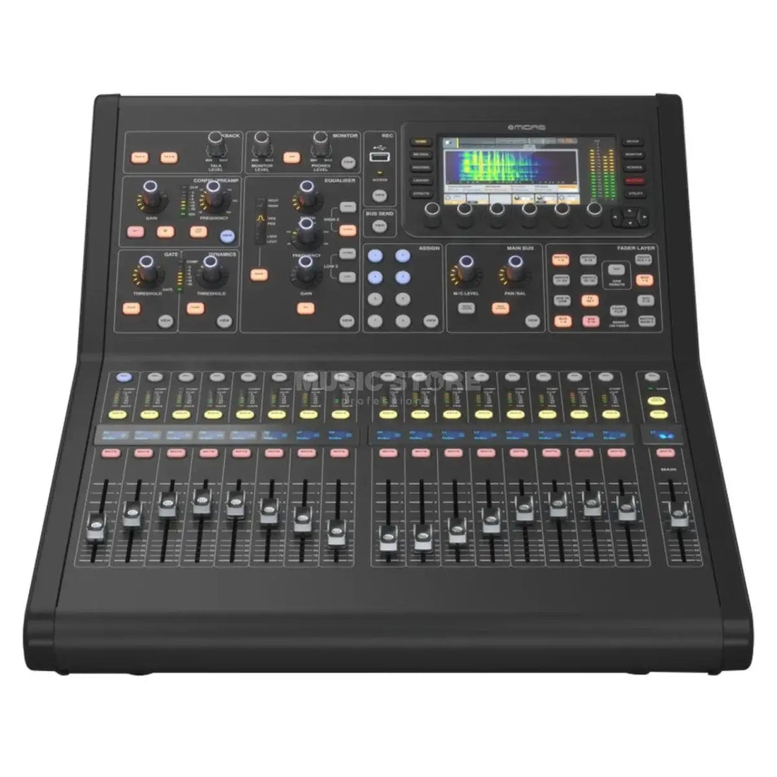 Digital audio mixing console with various controls and display on a white background