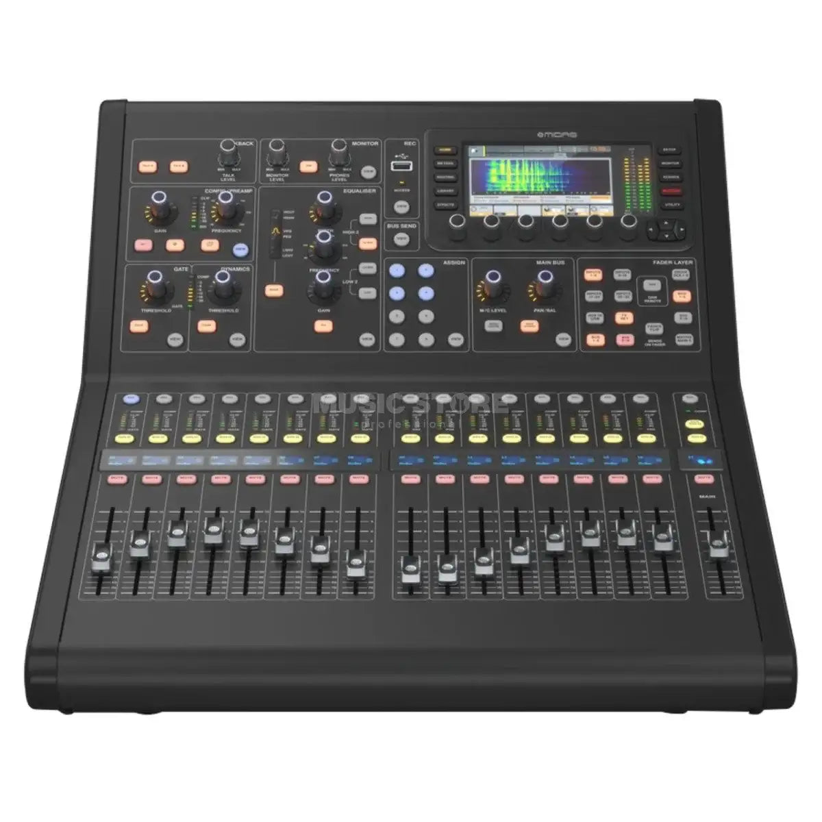 Digital audio mixing console with various controls and display on a white background