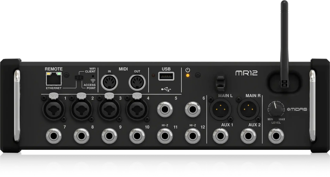 Black audio mixer with various inputs and controls on a white background