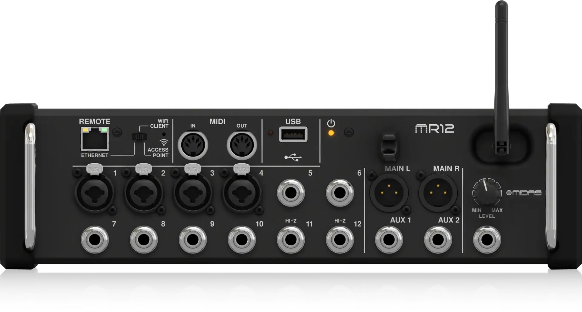 Black audio mixer with various inputs and controls on a white background