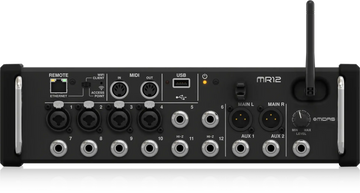 Black audio mixer with various inputs and controls on a white background