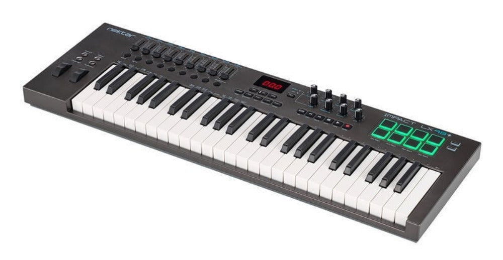 Keyboard controller with keys and control panel on a white background