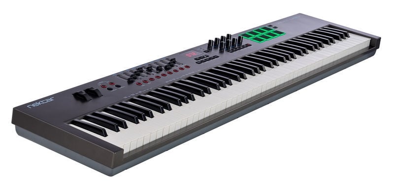 Keyboard instrument with black and white keys on a white background