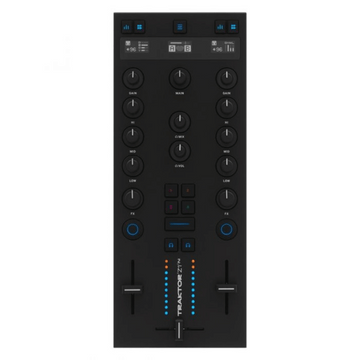 Black DJ controller with buttons and display on a white background