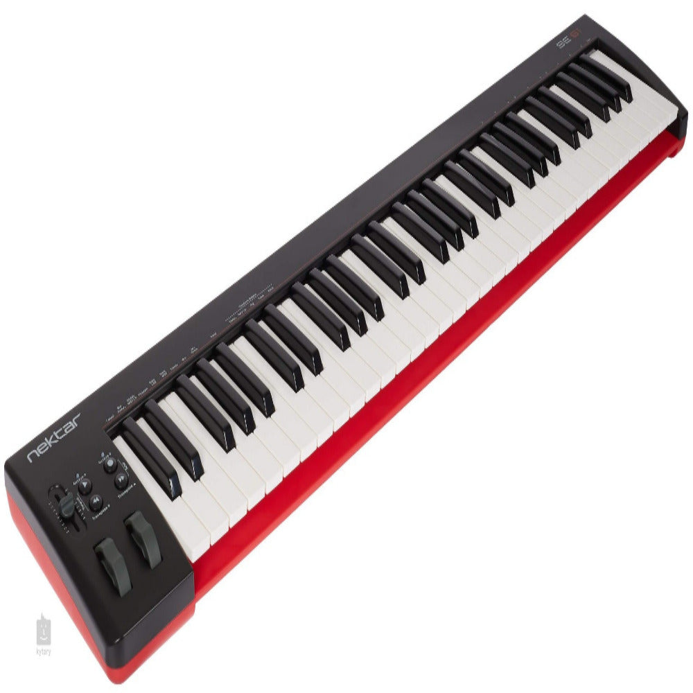 Keyboard controller with black and white keys on a red border against a white background