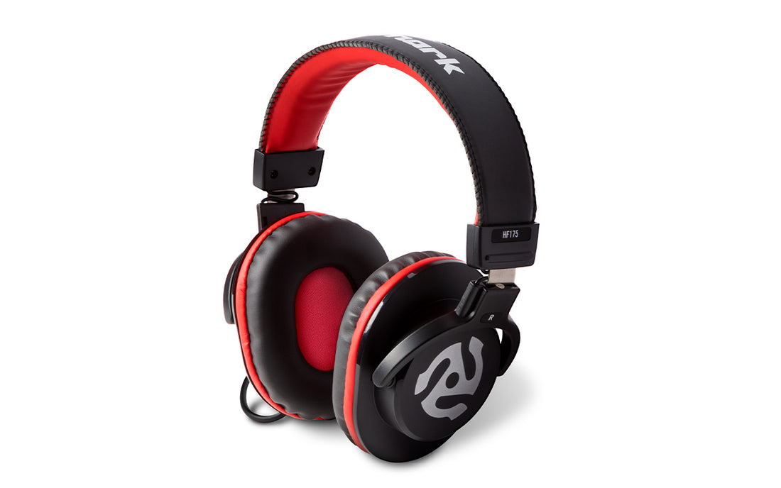 Black and red gaming headset with a brand logo on a white background