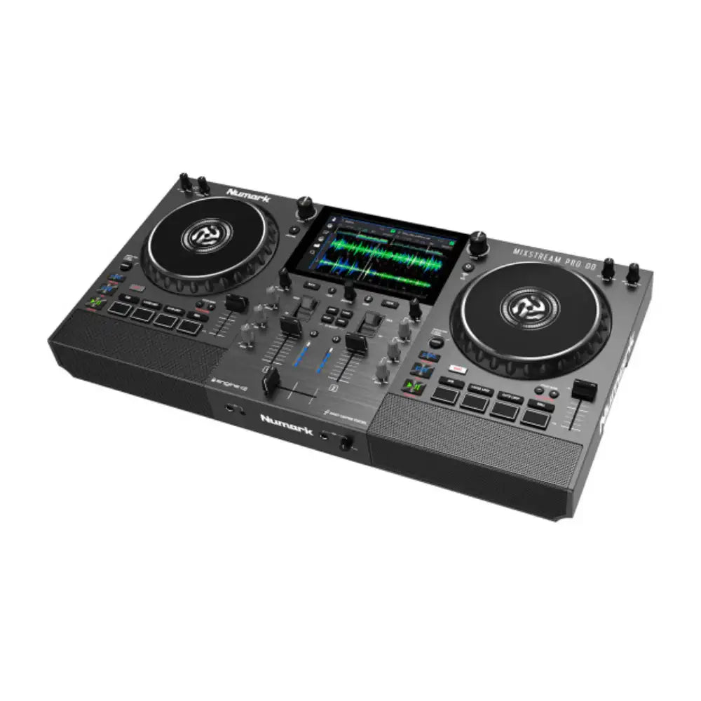 DJ controller with display and knobs on a white background