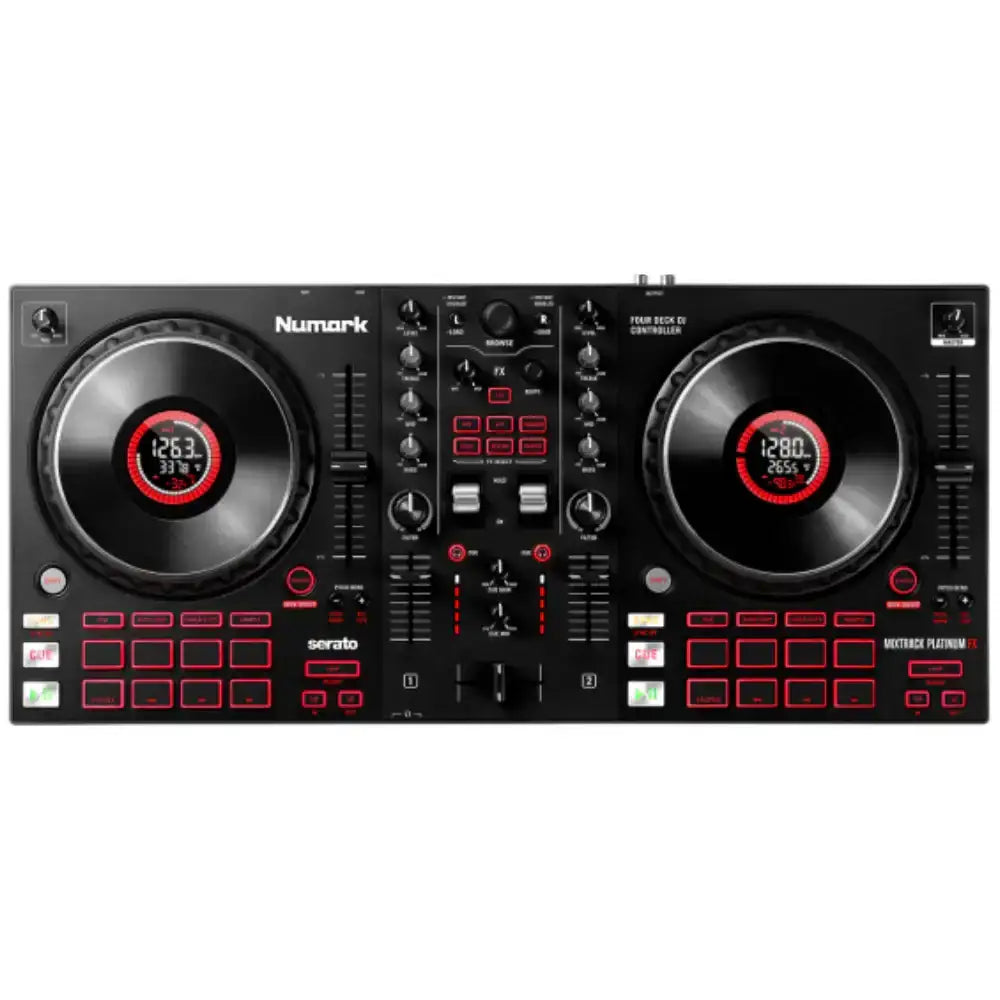 Numark DJ controller with two large jog wheels on a white background