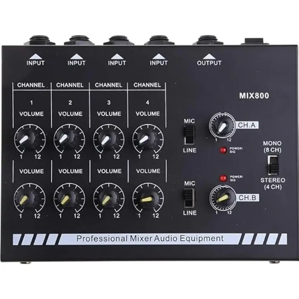 Black audio mixer with various controls and labels on a white background