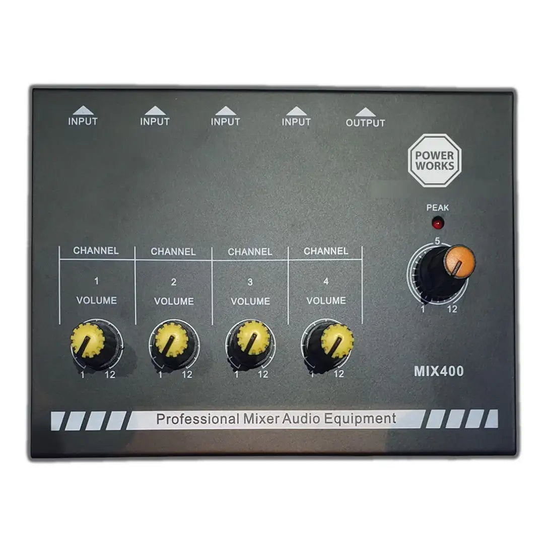 Professional mixer audio equipment with volume knobs and labeled inputs on a white background