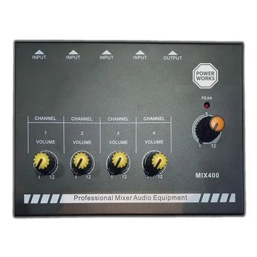 Professional mixer audio equipment with volume knobs and labeled inputs on a white background