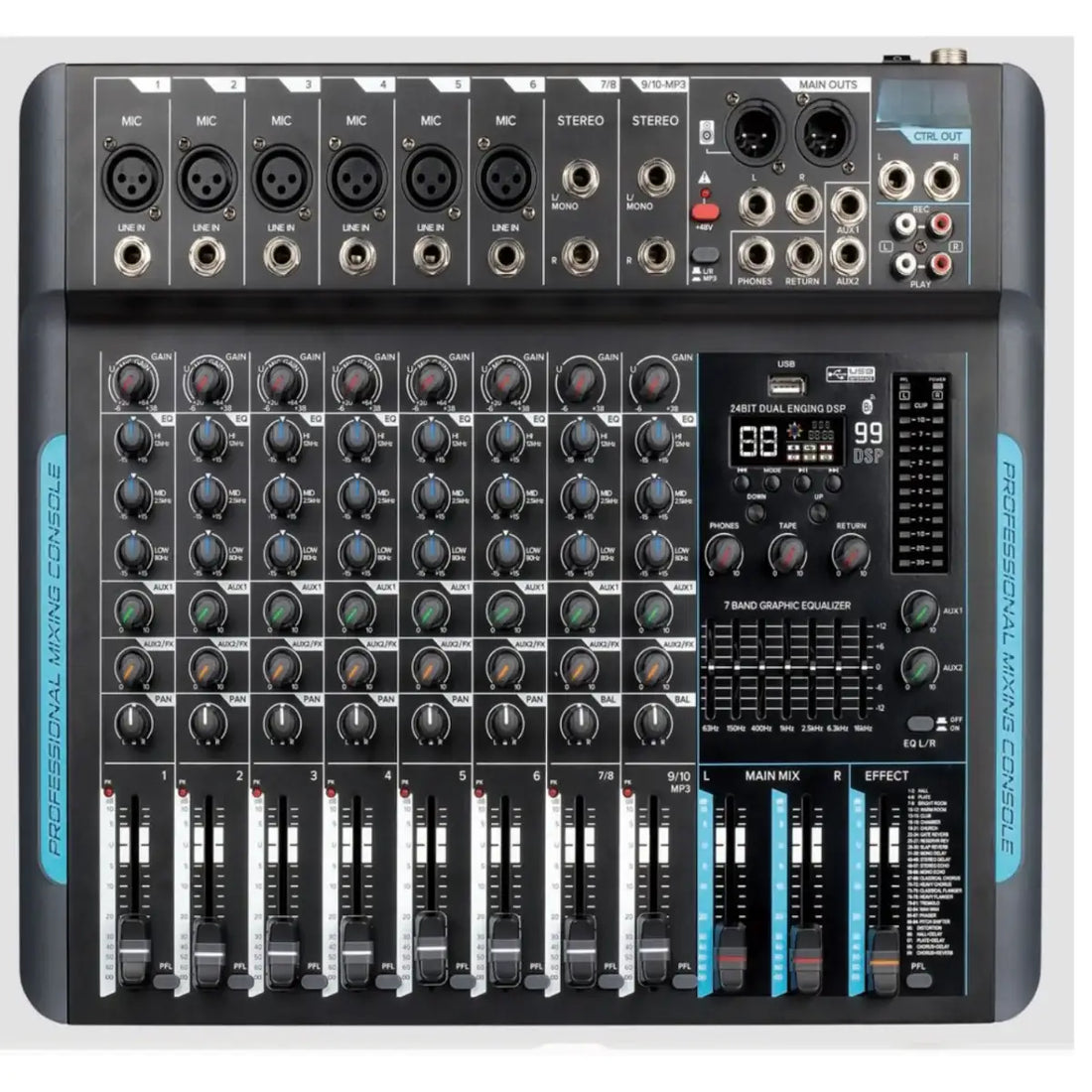 Professional audio mixing console with various controls and display on a white background
