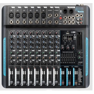 Professional audio mixing console with various controls and display on a white background