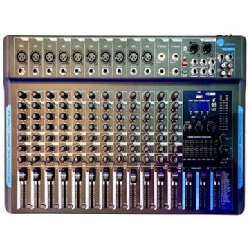 Sound mixing console with various knobs and buttons on a white background