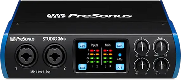 PreSonus audio interface with display and control knobs on a black background