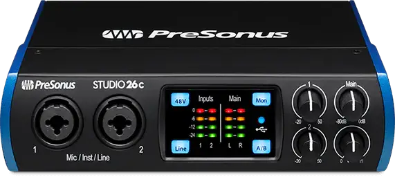 PreSonus audio interface with display and control knobs on a black background