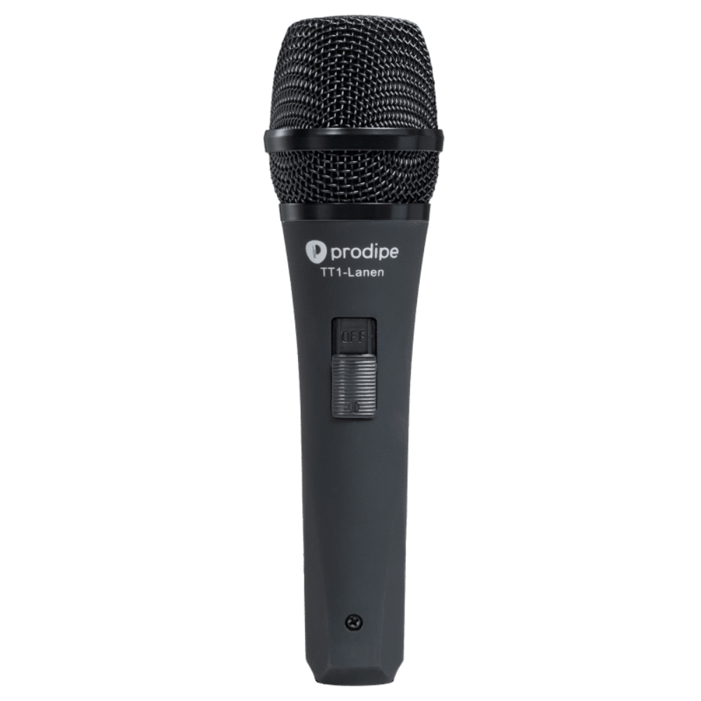 Black microphone with 'prodipe' branding on a transparent background