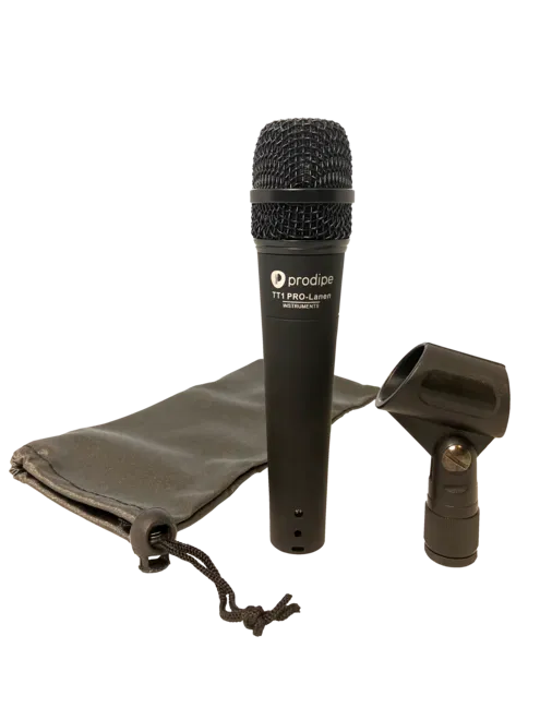 Black microphone with accessories on a white background