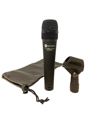 Black microphone with accessories on a white background