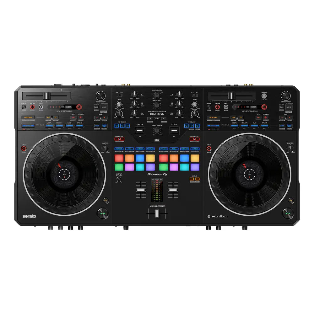 Black DJ controller with colorful display on a white background