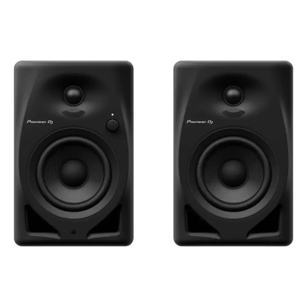 Pair of black Pioneer DJ speakers on a white background