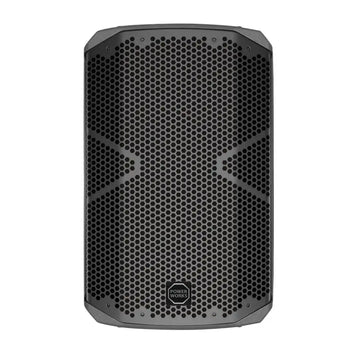 Black speaker with honeycomb design on a white background