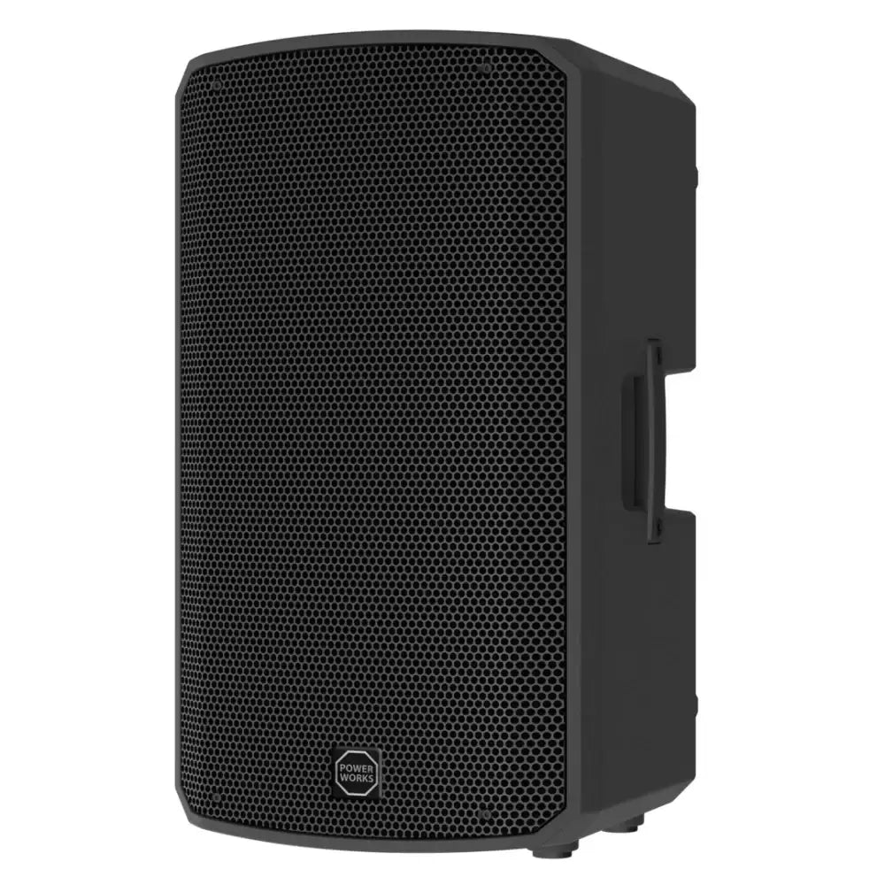 Black speaker with a brand logo on a white background
