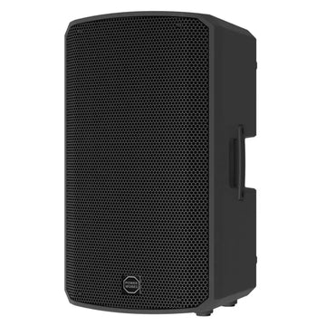 Black speaker with a brand logo on a white background
