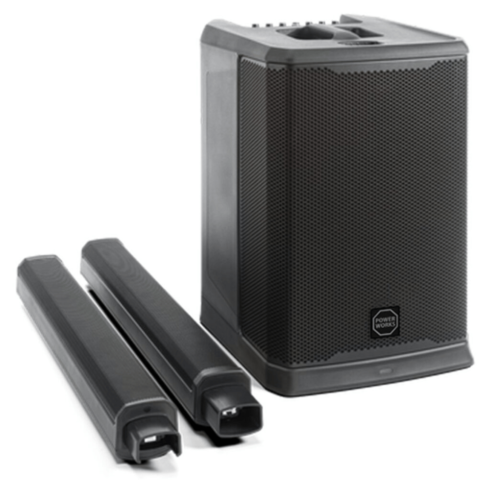Black speaker with two cables on a white background