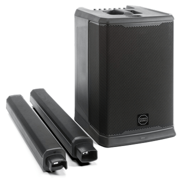 Black speaker with two cables on a white background