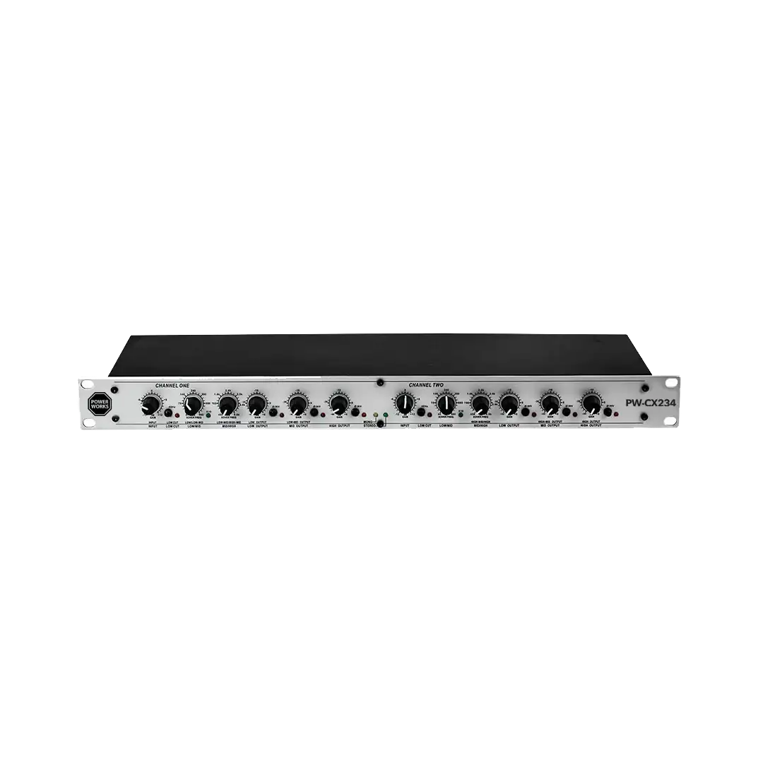 Audio interface with multiple knobs and ports on a white background