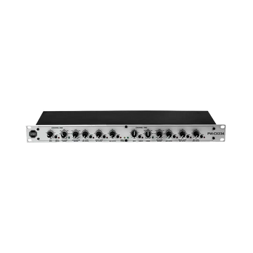 Audio interface with multiple knobs and ports on a white background