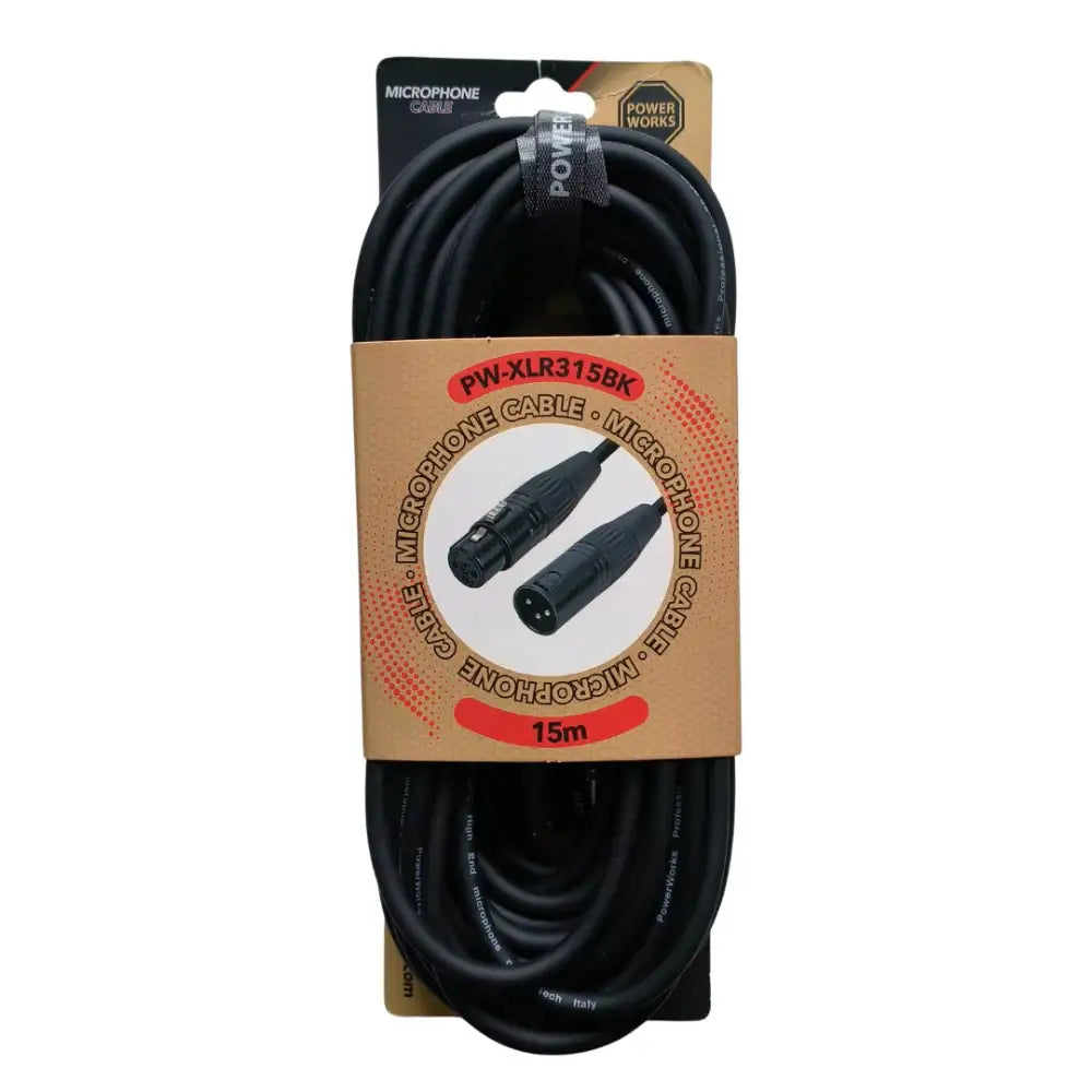 Black microphone cable with packaging on a white background