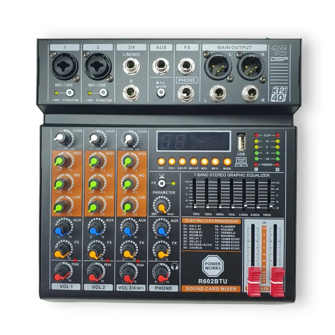 Audio mixer with various inputs and controls on a white background