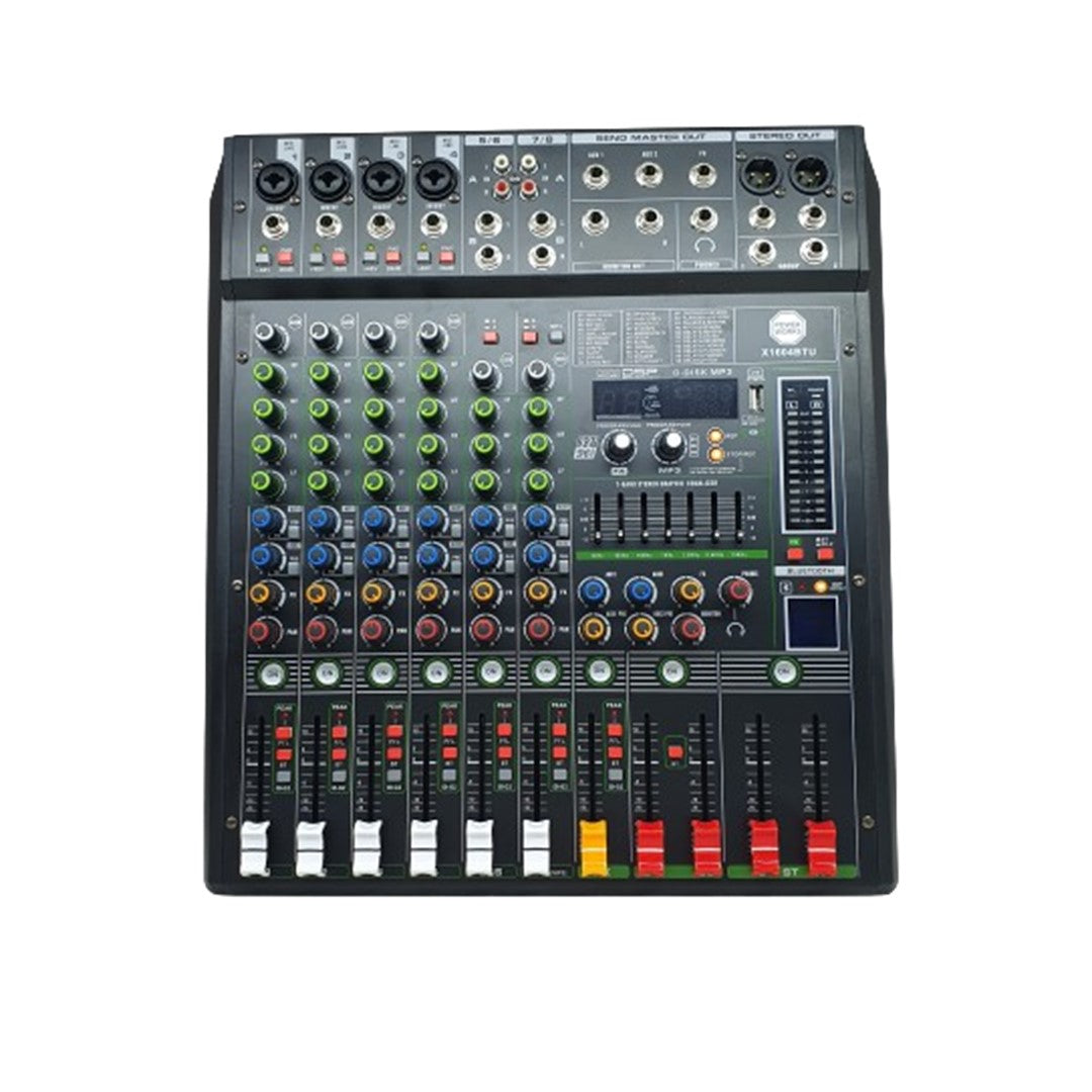 Sound mixing console with various controls on a white background