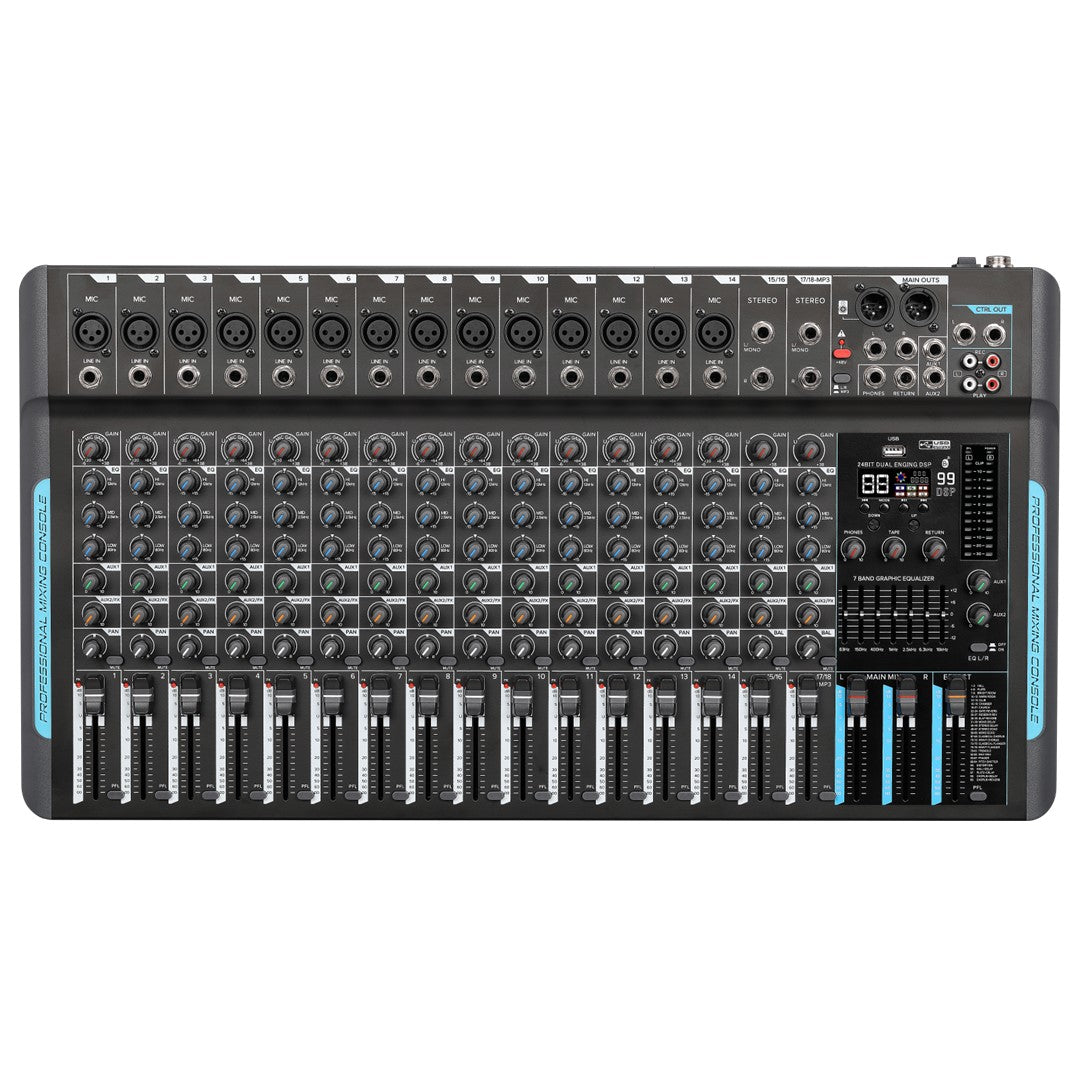 Black audio mixer with multiple knobs and sliders on a white background