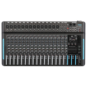 Black audio mixer with multiple knobs and sliders on a white background