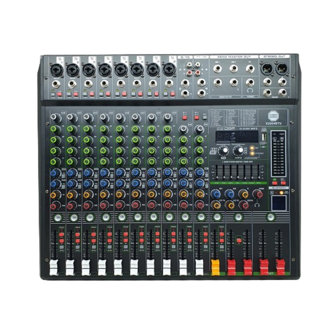 Sound mixing console with various controls on a white background