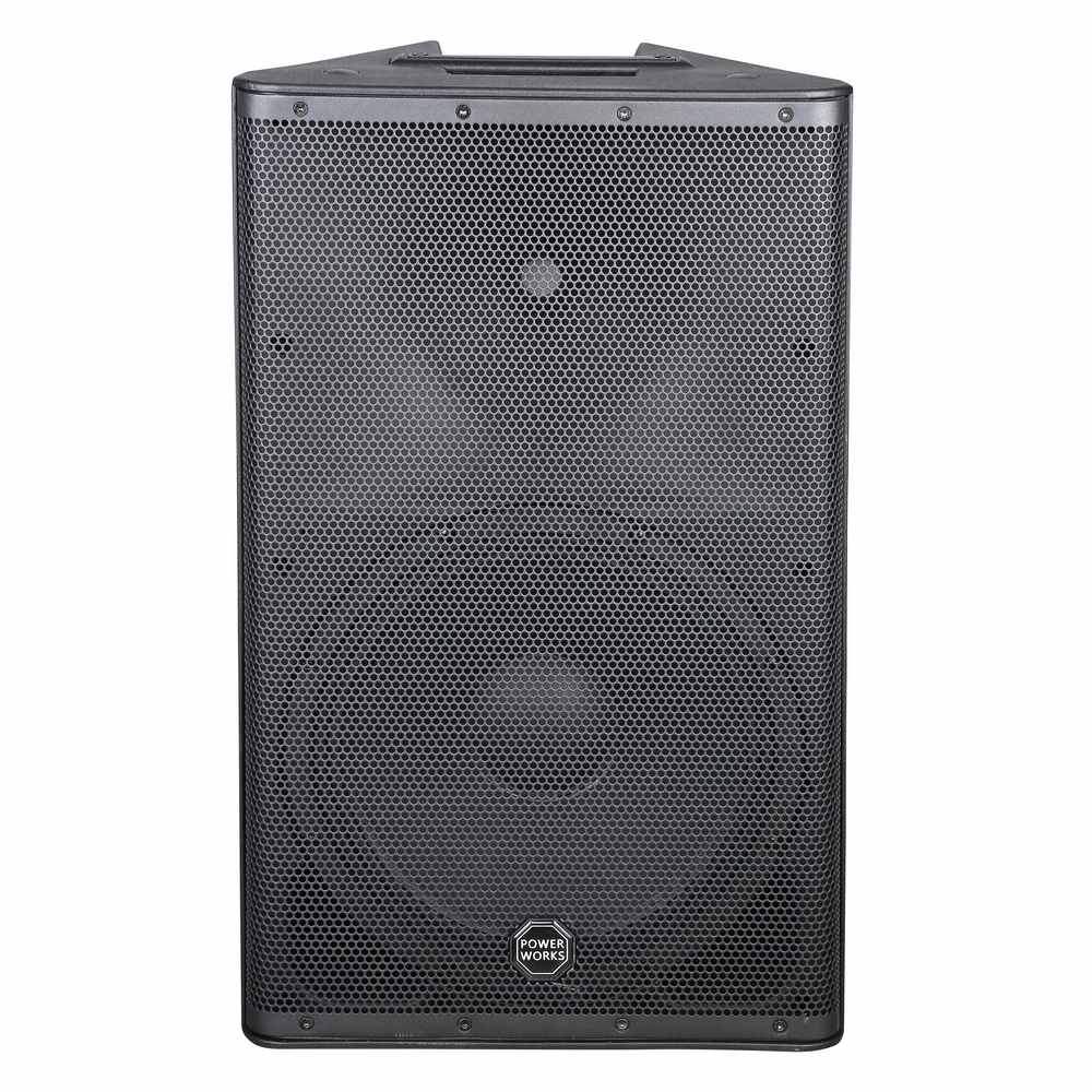 Black speaker with Power Works logo on a white background