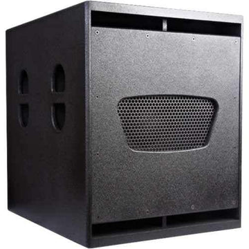 Black subwoofer with a grille on a white background