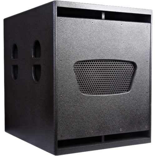 Black subwoofer with a grille on a white background