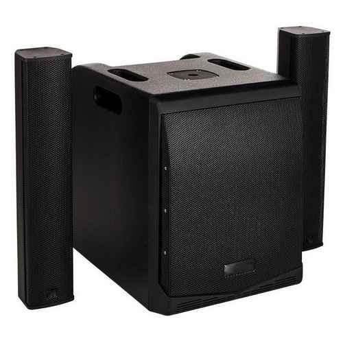 Black speaker system with two side speakers on a white background