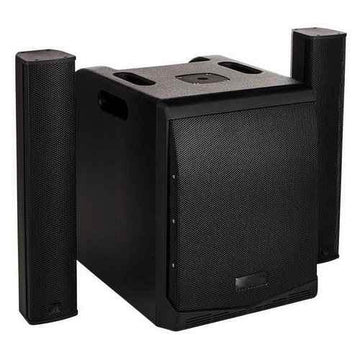 Black speaker system with two side speakers on a white background