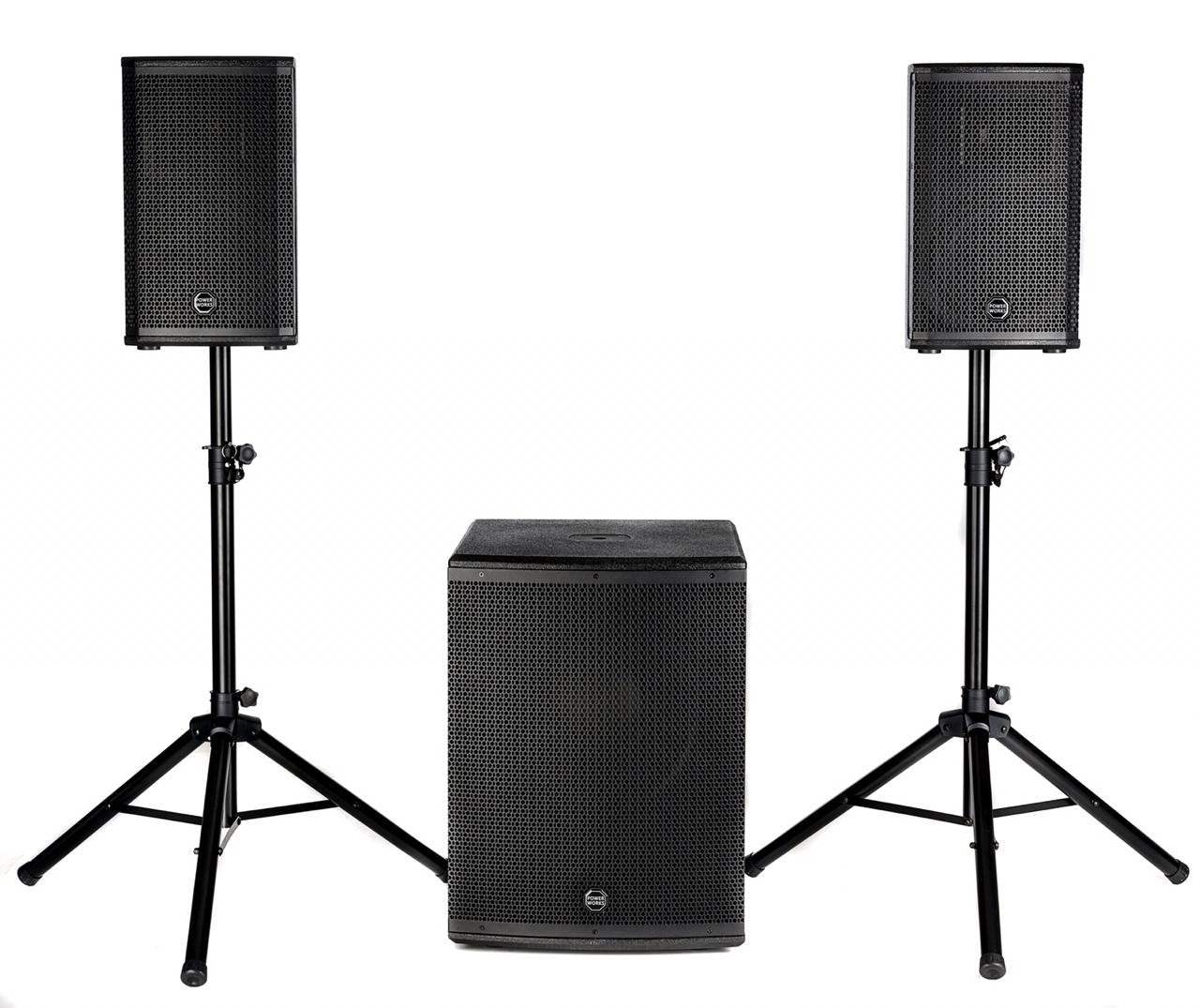 Set of black speakers on stands with a subwoofer on a white background