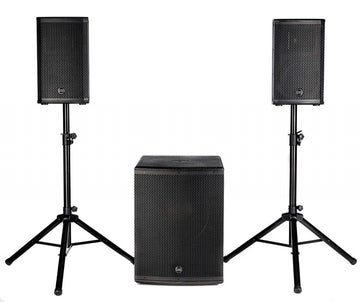 Set of black speakers on stands with a subwoofer on a white background